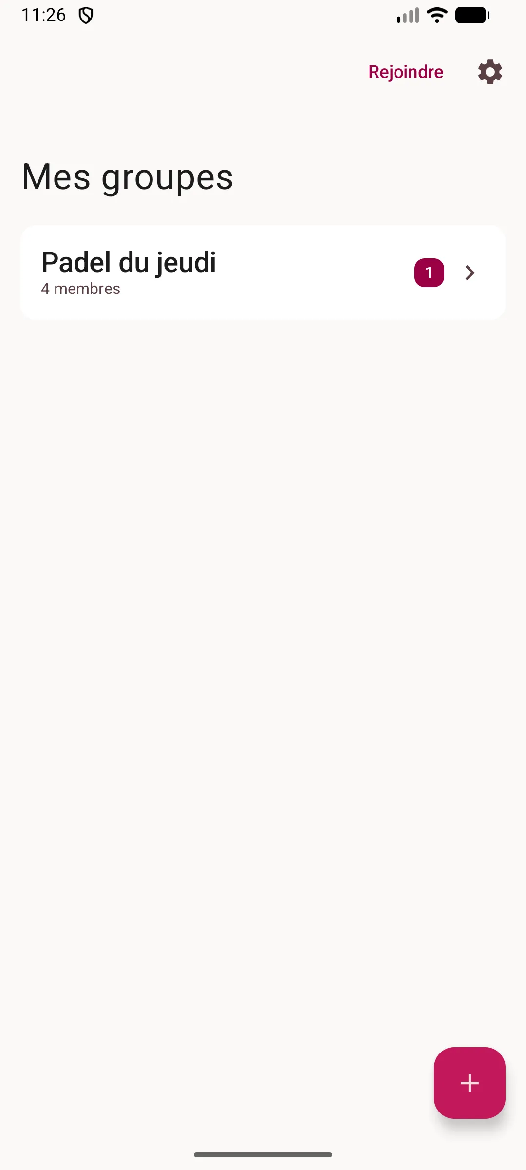 Écran « Mes groupes » : un groupe de 4 membres avec une notification, un bouton pour rejoindre un groupe et un bouton pour en créer un.
